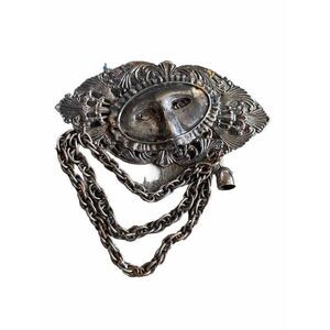 Vintage Brooch Pin Mask Venetian Chain Silver Tone Metal